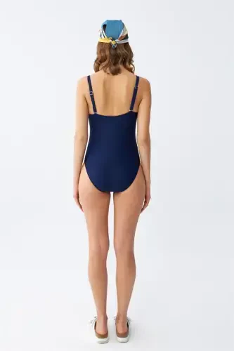 Akbeniz Women's Navy Blue Metal Accessory Thin Strap One-Piece Swimsuit - 5