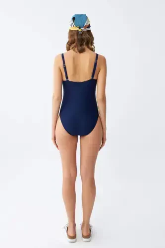 Akbeniz Women's Navy Blue Metal Detailed Thin Strap One-Piece Swimsuit - 5