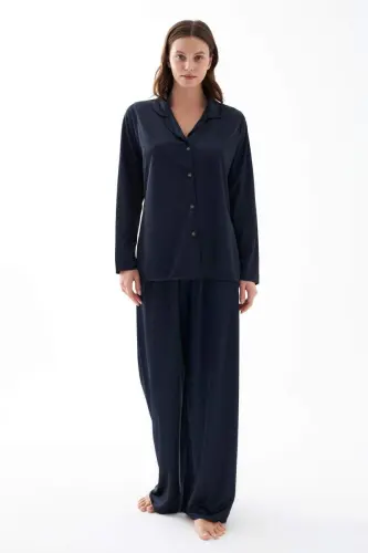 Akbeniz Women's Navy Blue Oversize Satin Pajama Set - 1