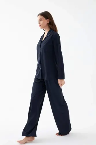 Akbeniz Women's Navy Blue Oversize Satin Pajama Set - 2