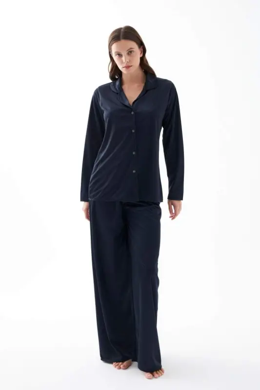 Akbeniz Women's Navy Blue Oversize Satin Pajama Set - 4