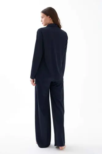 Akbeniz Women's Navy Blue Oversize Satin Pajama Set - 5