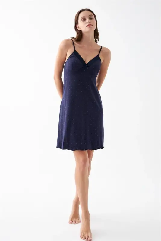 Akbeniz Women's Navy Blue Polka Dot Lace Detailed Spaghetti Strap Nightgown - 1