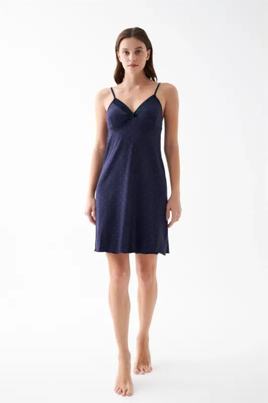 Akbeniz Women's Navy Blue Polka Dot Lace Detailed Spaghetti Strap Nightgown - 2