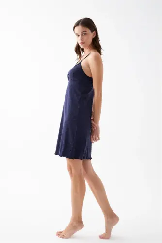 Akbeniz Women's Navy Blue Polka Dot Lace Detailed Spaghetti Strap Nightgown - 3
