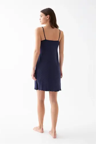 Akbeniz Women's Navy Blue Polka Dot Lace Detailed Spaghetti Strap Nightgown - 5