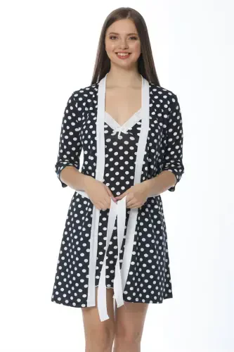 Akbeniz Women's Navy Blue Polka Dot Nightgown Robe Set 1212 - 1