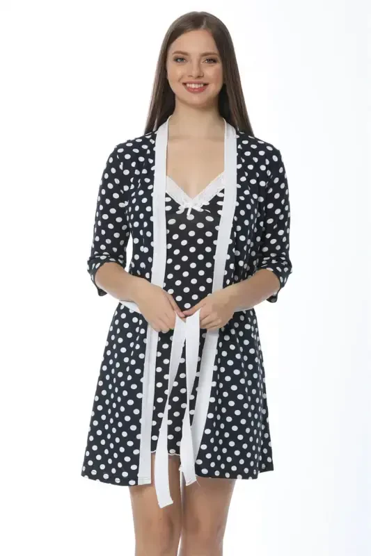 Akbeniz Women's Navy Blue Polka Dot Nightgown Robe Set 1212 - AKBENIZ