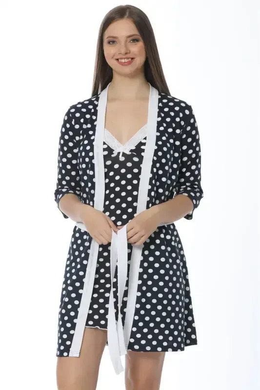 Akbeniz Women's Navy Blue Polka Dot Nightgown Robe Set 1212 - 2