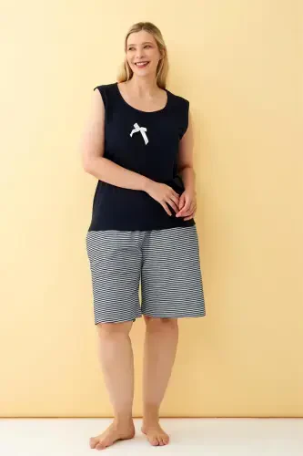 Akbeniz Women's Navy Ribbon Detailed Shorts Plus Size Pajama Set - 1