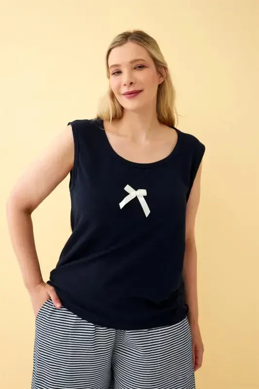 Akbeniz Women's Navy Ribbon Detailed Shorts Plus Size Pajama Set - 5