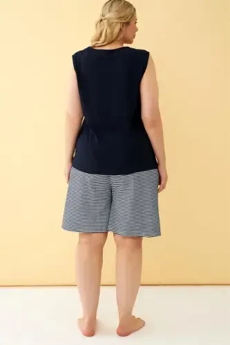 Akbeniz Women's Navy Ribbon Detailed Shorts Plus Size Pajama Set - 6