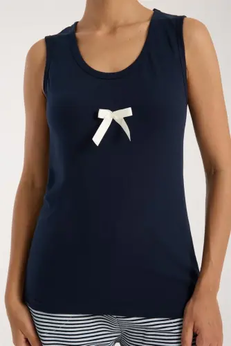 Akbeniz Women's Navy Ribbon Detailed Striped Pajama Set with Shorts - 7