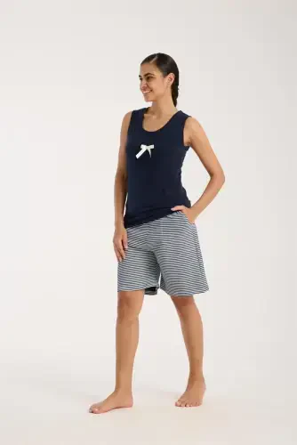Akbeniz Women's Navy Ribbon Detailed Striped Pajama Set with Shorts - 2