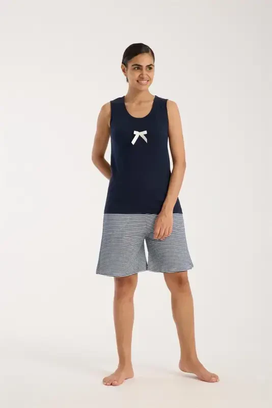 Akbeniz Women's Navy Ribbon Detailed Striped Pajama Set with Shorts - 3
