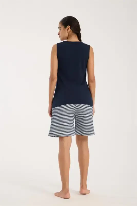 Akbeniz Women's Navy Ribbon Detailed Striped Pajama Set with Shorts - 4