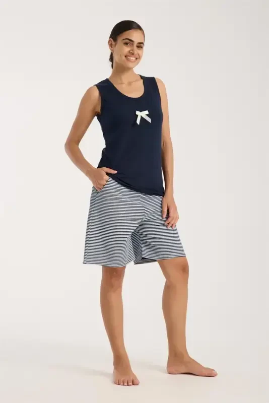 Akbeniz Women's Navy Ribbon Detailed Striped Pajama Set with Shorts - 5