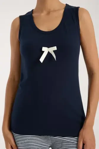 Akbeniz Women's Navy Ribbon Detailed Striped Pajama Set with Shorts - 7