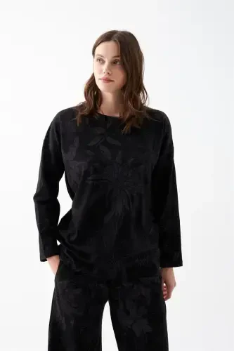 Akbeniz Women's Oversize Black Floral Patterned Cotton Thick Pajama Set - 3