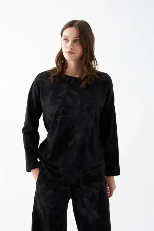 Akbeniz Women's Oversize Black Floral Patterned Cotton Thick Pajama Set - 3