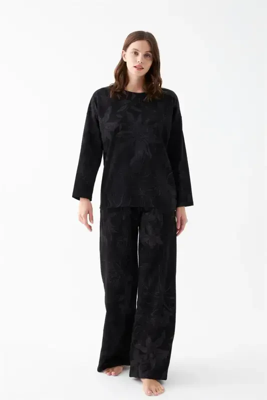 Akbeniz Women's Oversize Black Floral Patterned Cotton Thick Pajama Set - 4