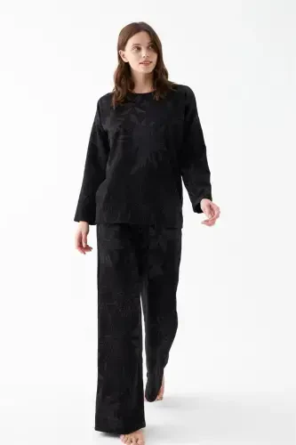 Akbeniz Women's Oversize Black Floral Patterned Cotton Thick Pajama Set - 6