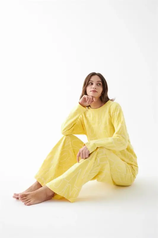 Akbeniz Women's Oversize Yellow Patterned Cotton Thick Pajamas Set - 2