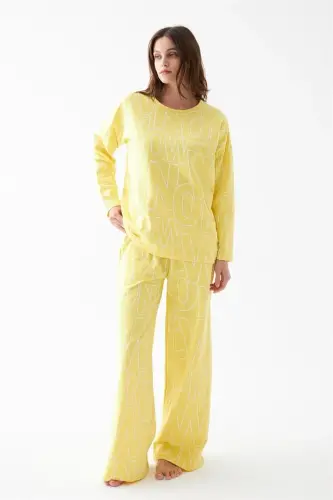 Akbeniz Women's Oversize Yellow Patterned Cotton Thick Pajamas Set - 4