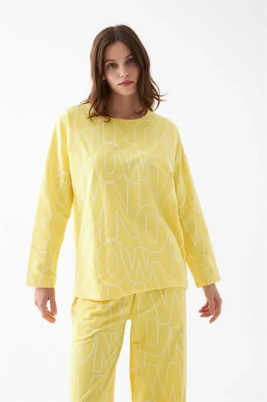 Akbeniz Women's Oversize Yellow Patterned Cotton Thick Pajamas Set - 5