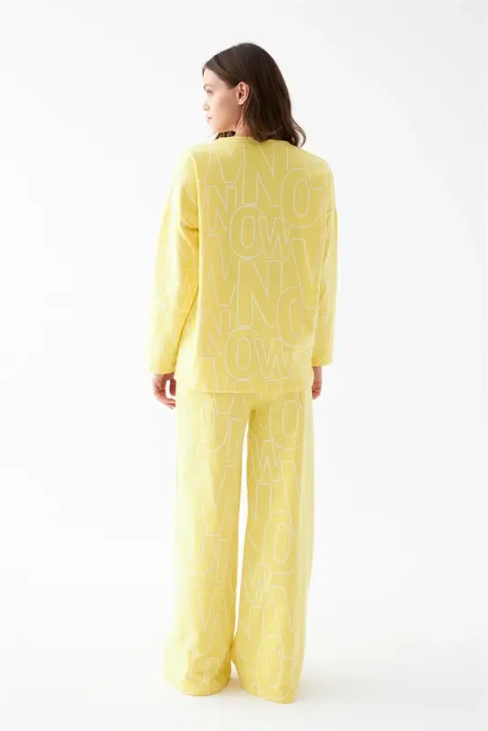 Akbeniz Women's Oversize Yellow Patterned Cotton Thick Pajamas Set - 6