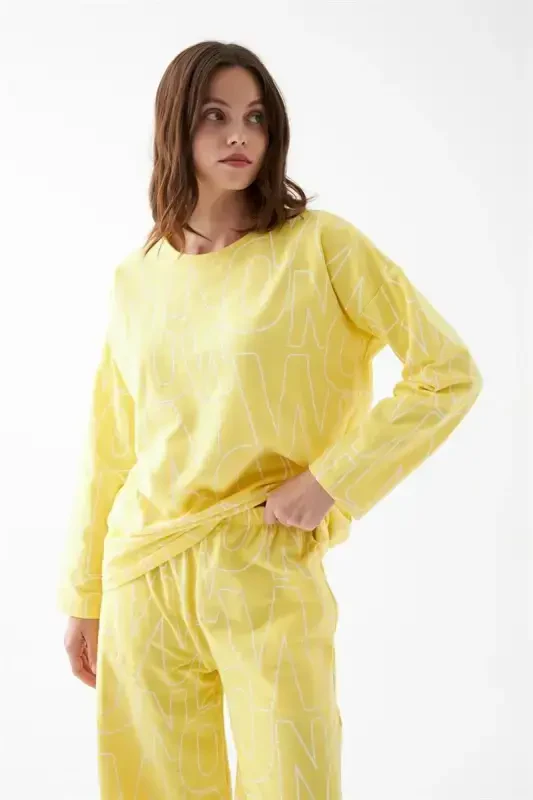 Akbeniz Women's Oversize Yellow Patterned Cotton Thick Pajamas Set - 3