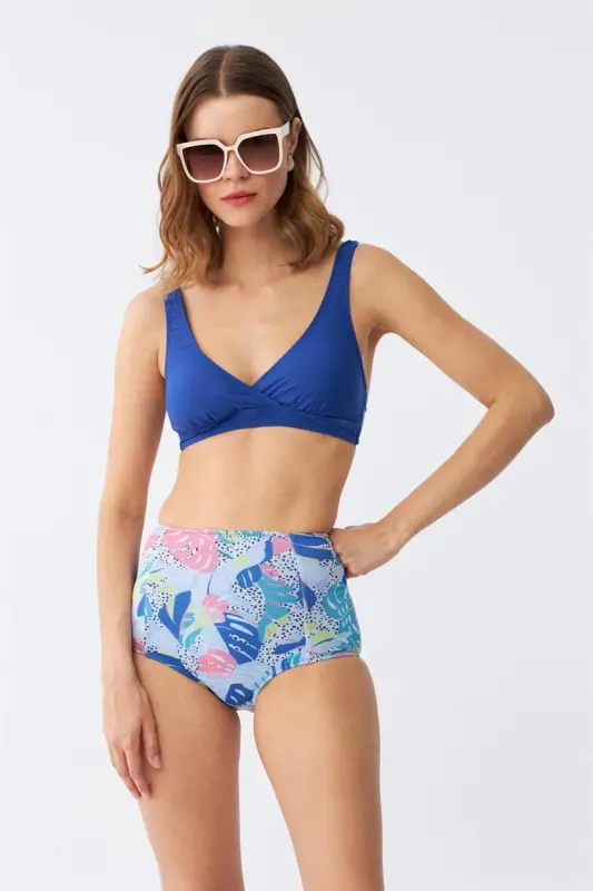 Akbeniz Women's Padded Leaf Patterned High Waist Sax Bikini Set - 4