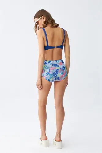 Akbeniz Women's Padded Leaf Patterned High Waist Sax Bikini Set - 5