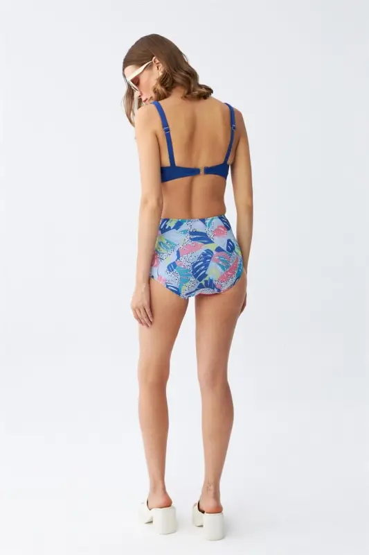 Akbeniz Women's Padded Leaf Patterned High Waist Sax Bikini Set - 5