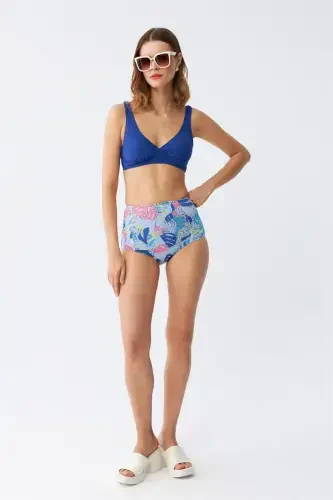 Akbeniz Women's Padded Leaf Patterned High Waist Sax Bikini Set - 2