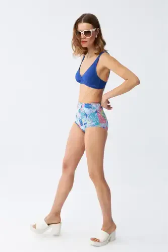 Akbeniz Women's Padded Leaf Patterned High Waist Sax Bikini Set - 3