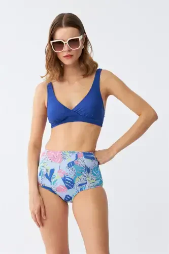 Akbeniz Women's Padded Leaf Patterned High Waist Sax Bikini Set - 4