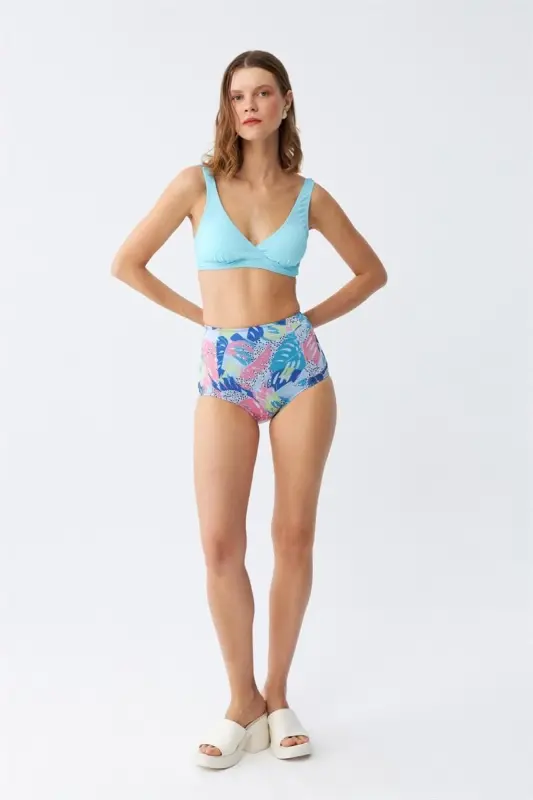 Akbeniz Women's Padded Top Tropical Patterned High Waist Bikini Set - Ice Blue - 1