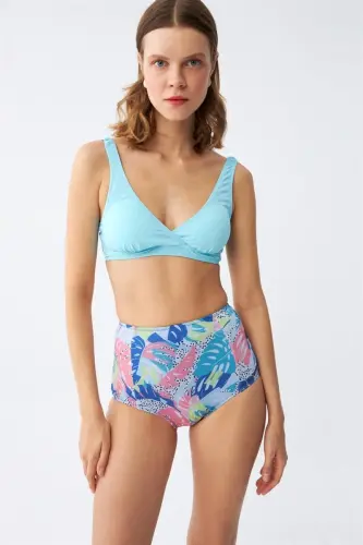 Akbeniz Women's Padded Top Tropical Patterned High Waist Bikini Set - Ice Blue - 4