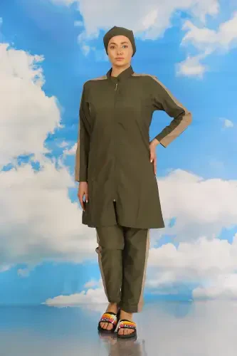 Akbeniz Women's Pant Set Swimsuit with Arm Stripe Fully Covered Swimwear Khaki 31065 - 4