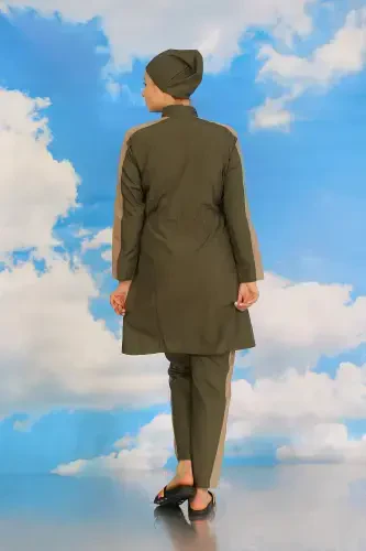 Akbeniz Women's Pant Set Swimsuit with Arm Stripe Fully Covered Swimwear Khaki 31065 - 5