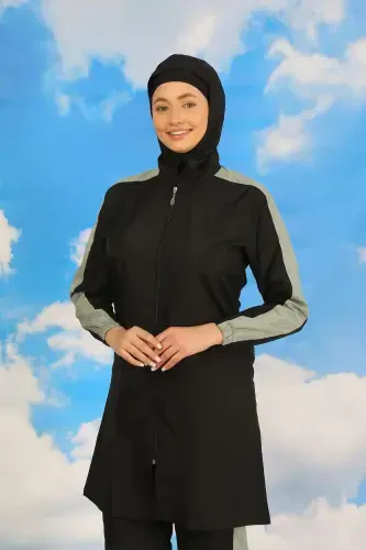 Akbeniz Women's Pant Suit with Striped Arm Fully Covered Swimsuit Black 31066 