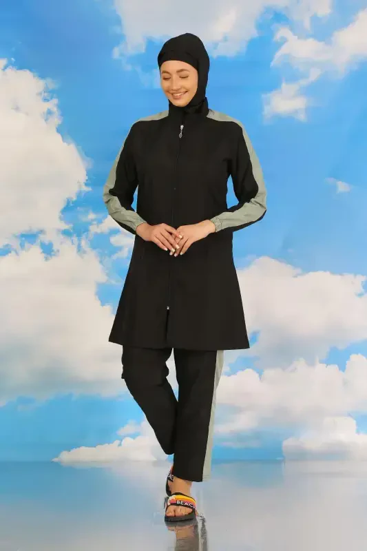 Akbeniz Women's Pant Suit with Striped Arm Fully Covered Swimsuit Black 31066 - 5