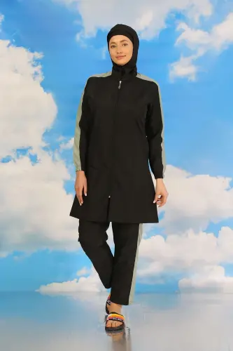 Akbeniz Women's Pant Suit with Striped Arm Fully Covered Swimsuit Black 31066 - 7