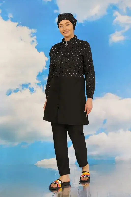 Akbeniz Women's Pants Patterned Full Coverage Burkini Swimsuit Black 31074 - 2