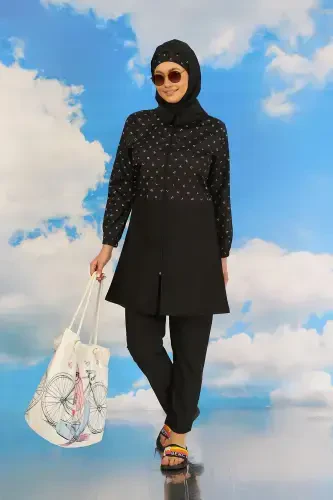 Akbeniz Women's Pants Patterned Full Coverage Burkini Swimsuit Black 31074 - 3