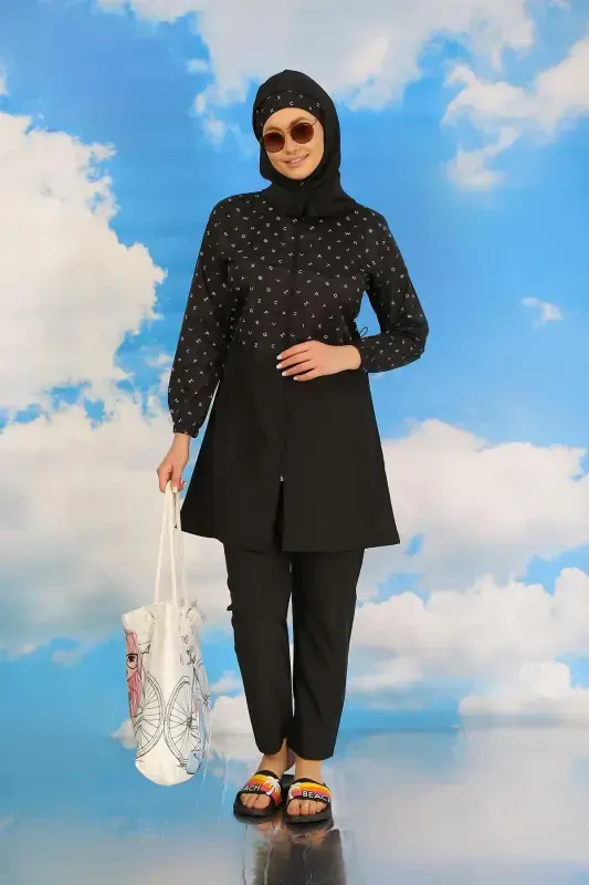 Akbeniz Women's Pants Patterned Full Coverage Burkini Swimsuit Black 31074 - 7