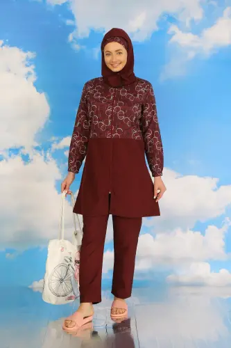 Akbeniz Women's Pants Patterned Full Coverage Swimsuit Burgundy 31075 - 5