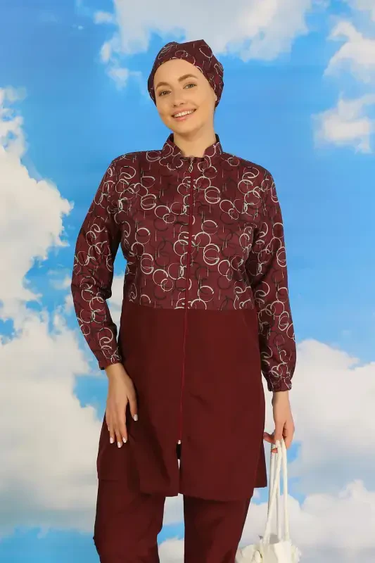 Akbeniz Women's Pants Patterned Full Coverage Swimsuit Burgundy 31075 - 7