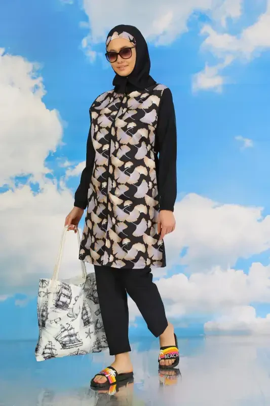 Akbeniz Women's Pants Patterned Full Coverage Swimsuit Navy Blue 31070 - 2